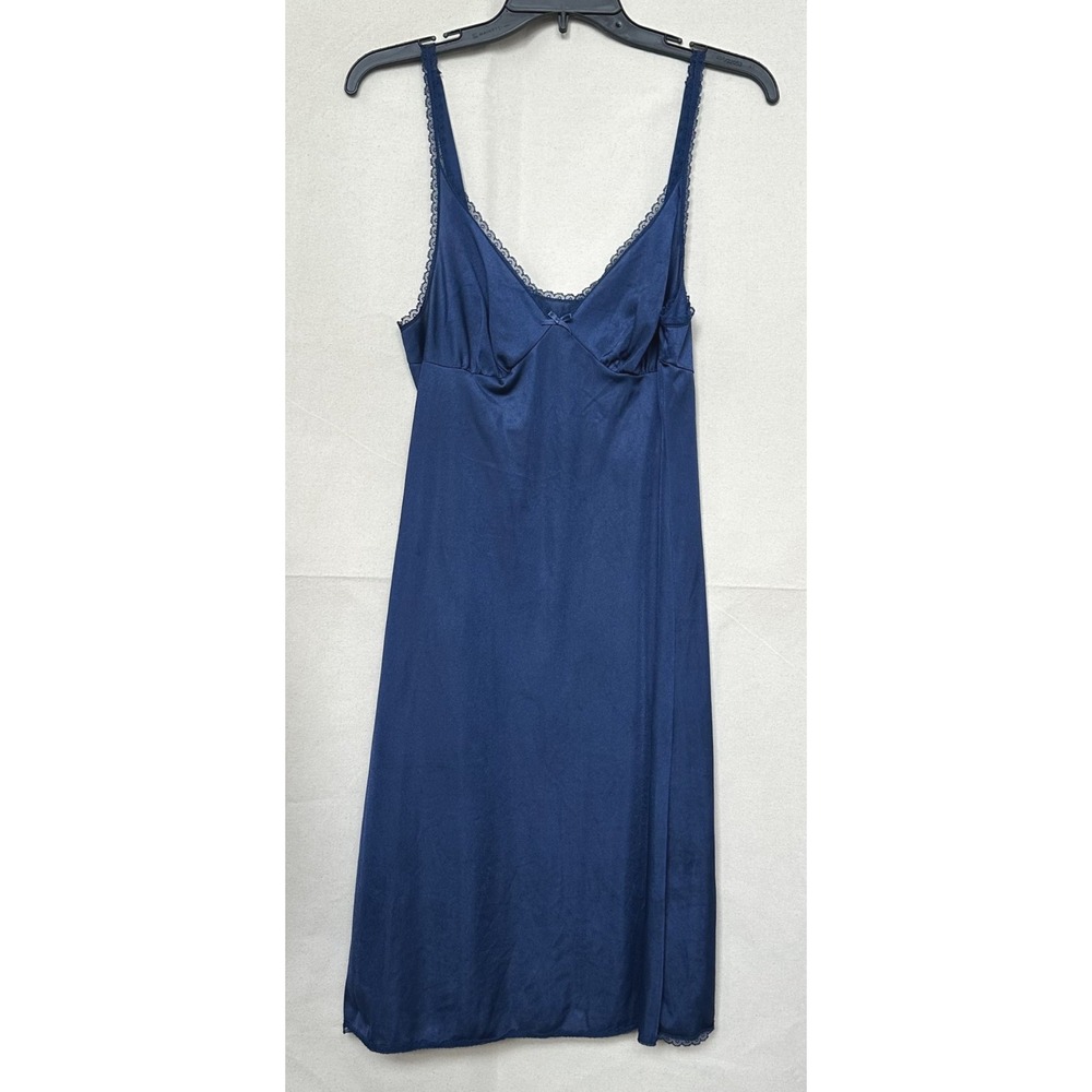 Vassarette Satinessence Lace Trim Full Slip Dress 36F Blue USA Glam Festival Vtg